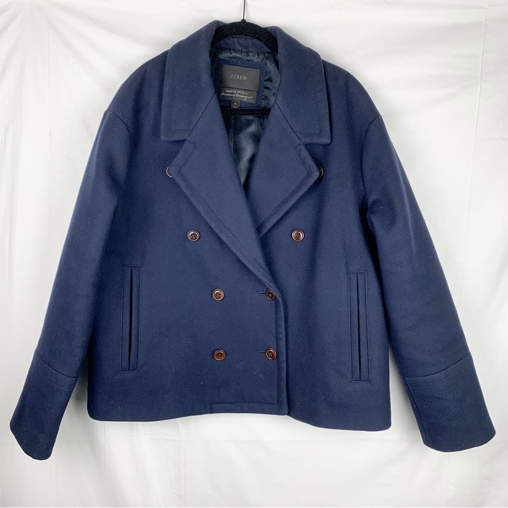 J Crew Melton Wool Pea Coat Jacket Double Breasted Navy size 14